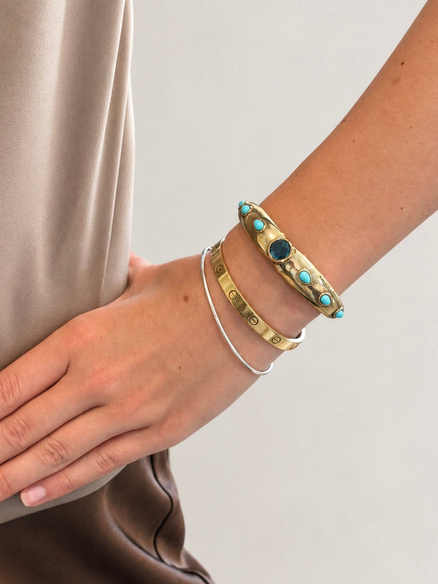 Vintage London Blue Topaz & Turquoise Hinged Cuff