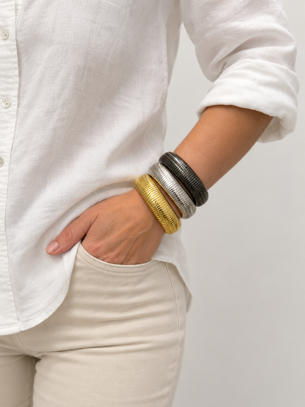 Half Round Gold Ribbed Cuff - Gold|Silver|Gunmetal