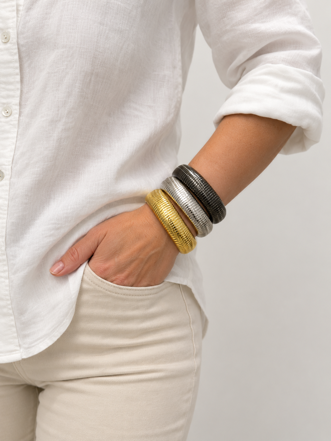 Half Round Gold Ribbed Cuff - Gold|Silver|Gunmetal