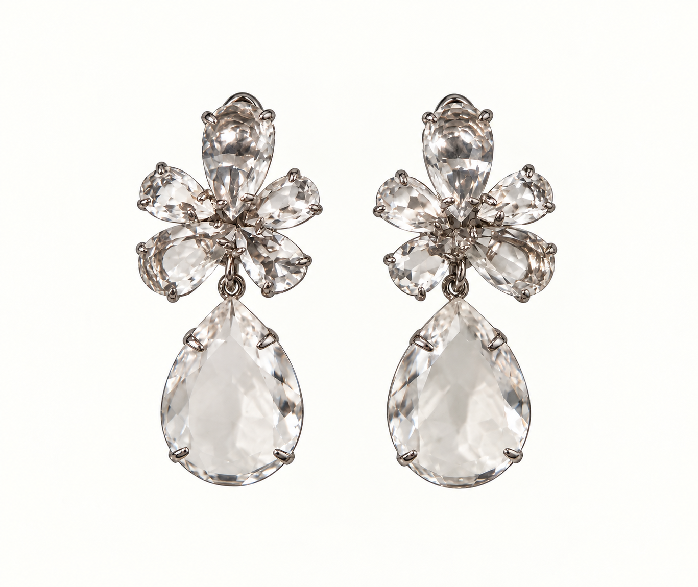 Asymmetrical Clear Quartz Floral Teardrop - Silver