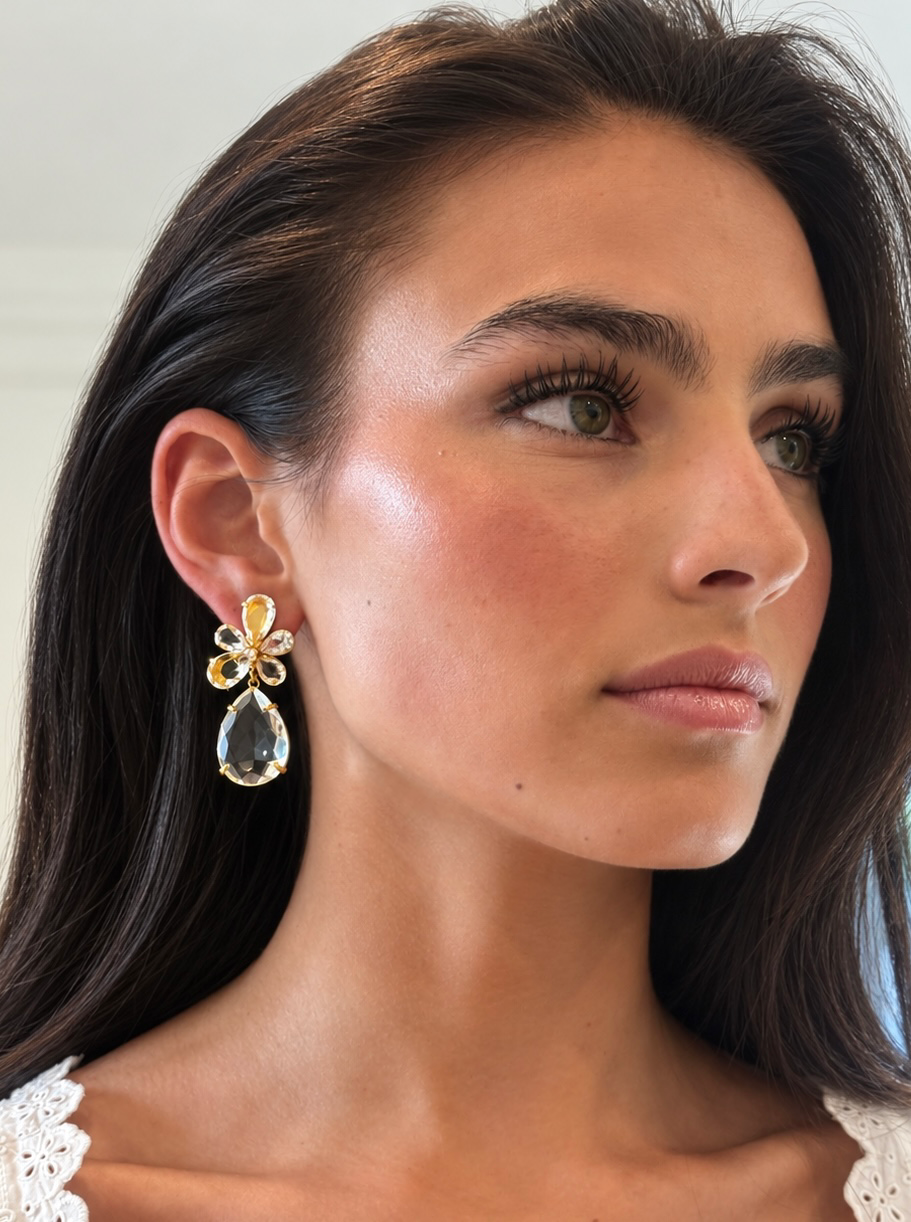 Asymmetrical Clear Quartz Floral Teardrop - Gold Plated