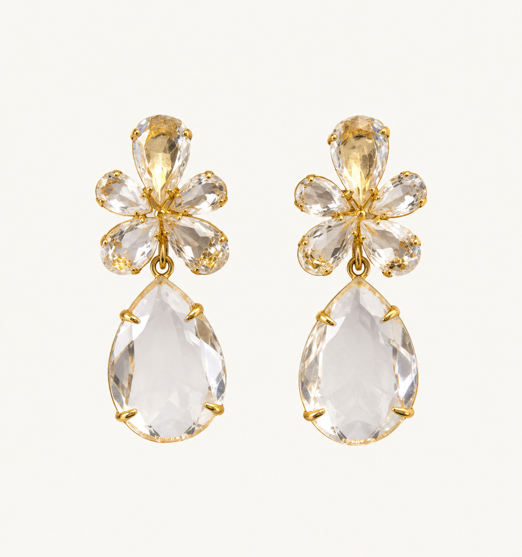 Asymmetrical Clear Quartz Floral Teardrop - Gold Plated