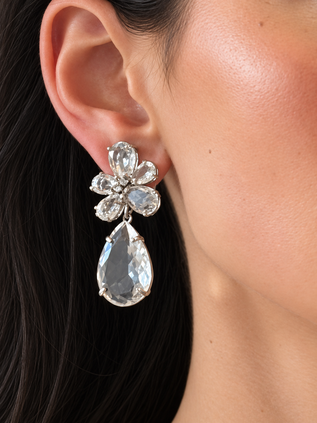 Asymmetrical Clear Quartz Floral Teardrop - Silver