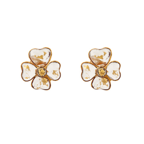 Clear Poured Glass Flower  Earrings with gold flecks by Francoise Montague Paris